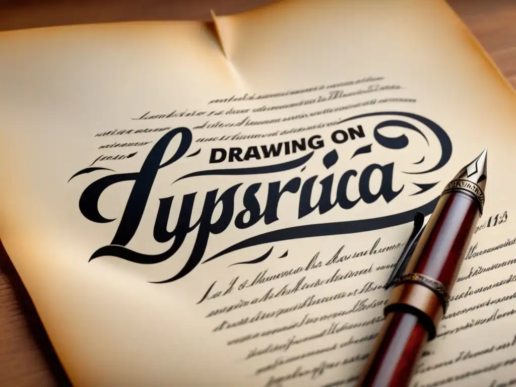 Un quill pen elegante reposa sobre papel pergamino con la caligrafía 'Ilustración Poética'