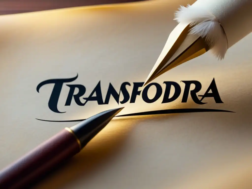 Quill pen sobre pergamino con 'Fuerza transformadora de la poesía' en caligrafía elegante