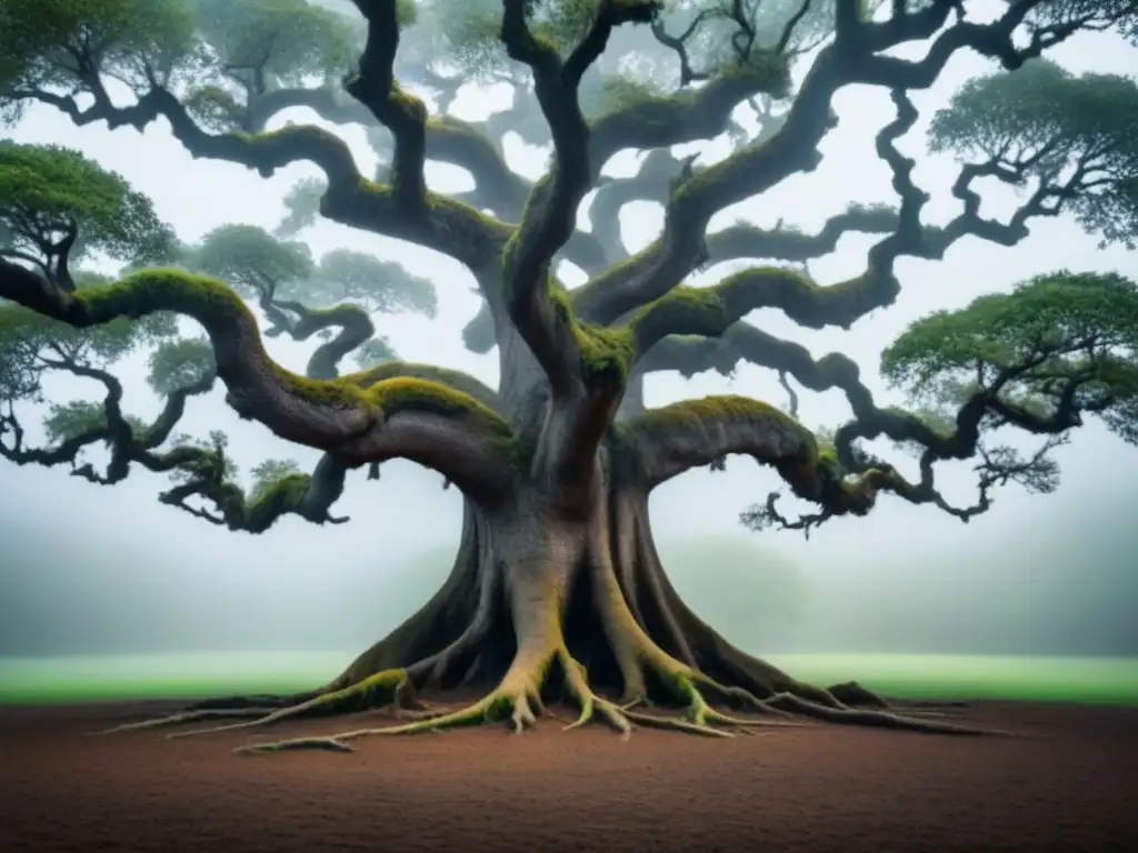 Raíces ancestrales entrelazadas en un árbol antiguo, simbolizando la tradición en poesía ancestral con detalle y simetría en blanco y negro