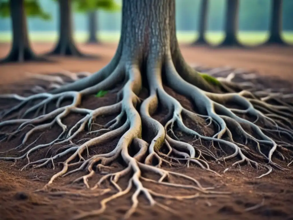 Raíces de árbol entrelazadas con tierra, simbolizando la estabilidad y conexión de la Tierra en la poesía lírica