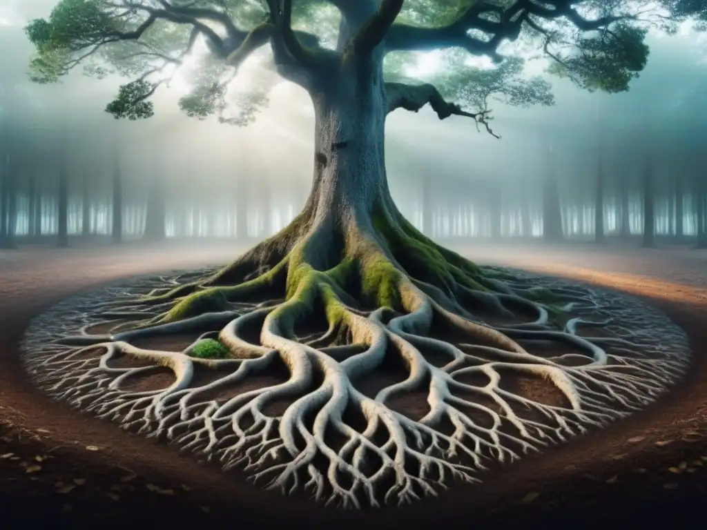 Raíces entrelazadas con versos poéticos y símbolos de derechos humanos en un bosque, fusionando poesía y justicia