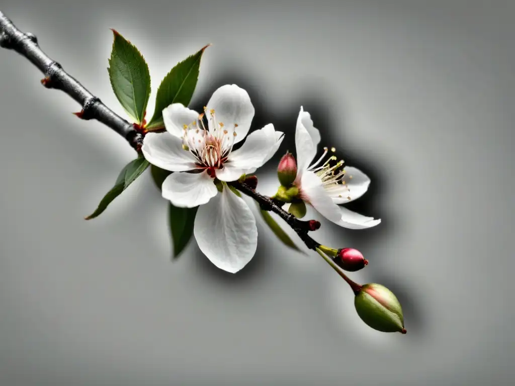 Una rama de cerezo en blanco y negro destaca formas poéticas y la belleza de la poesía en su elegante diseño