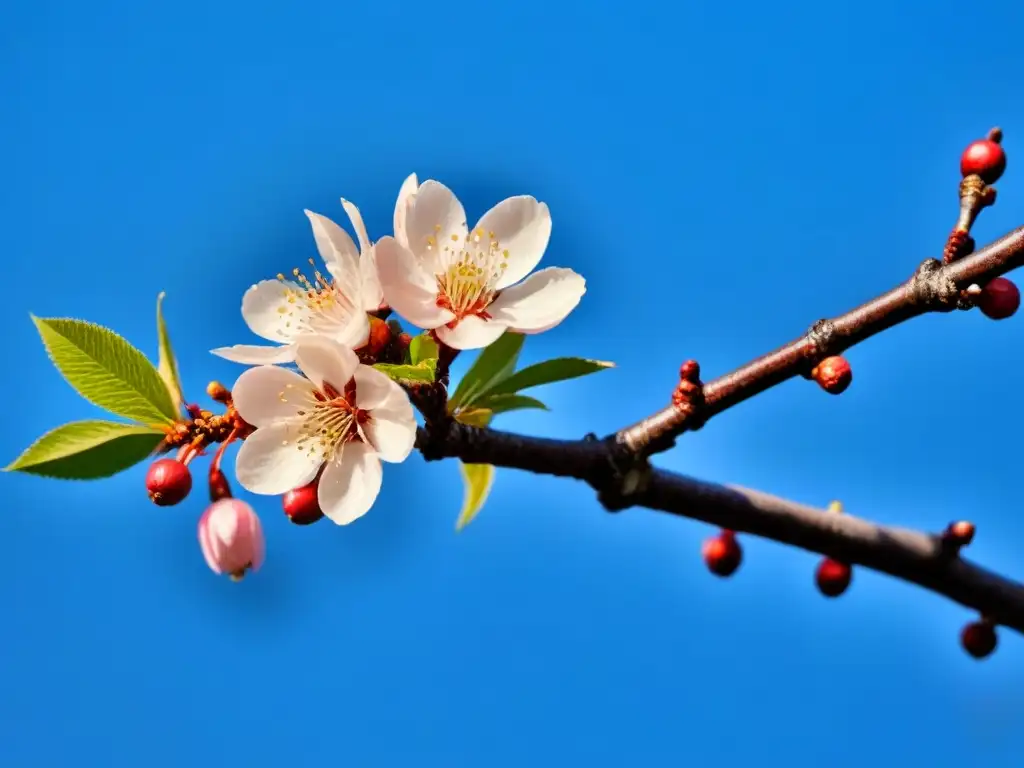 Rama de cerezo en flor, cielo azul, brisa tranquila