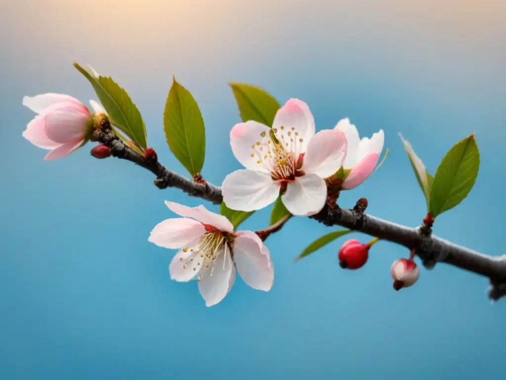 Rama de cerezo en flor, delicados pétalos rosados en contraste con un suave fondo azul pastel