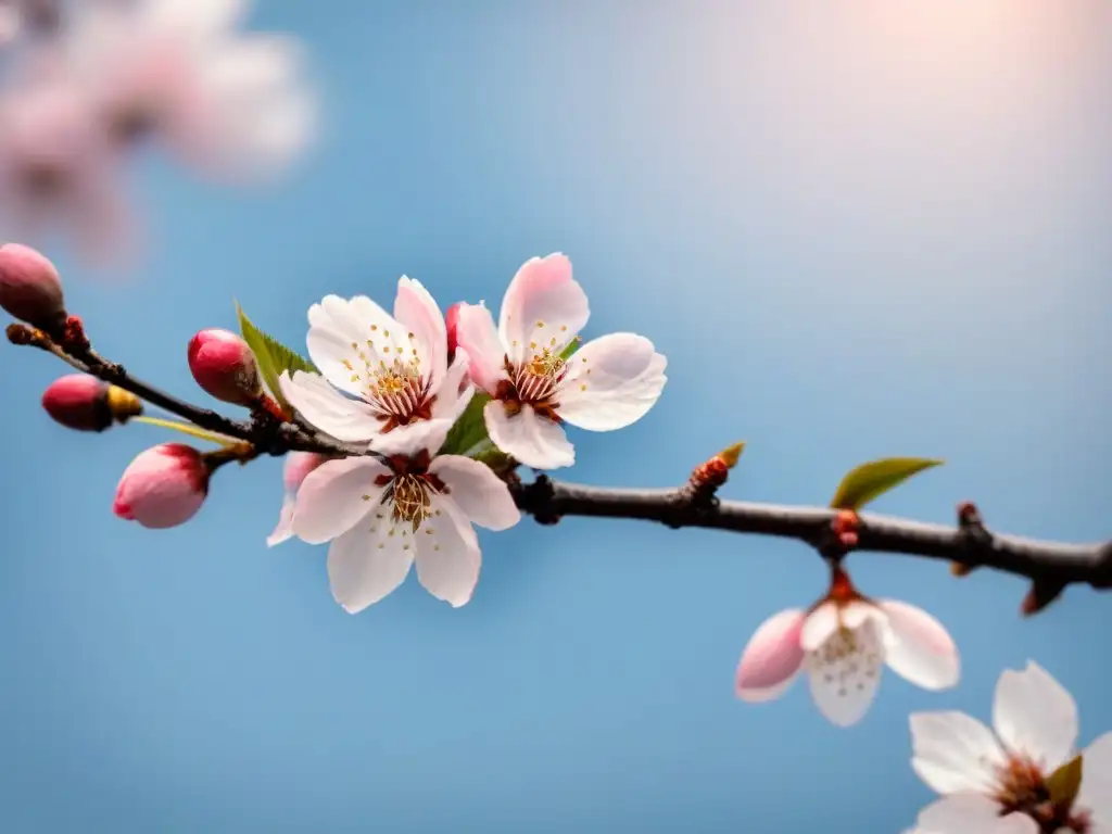 Rama de cerezo en flor, detallada y delicada sobre cielo azul