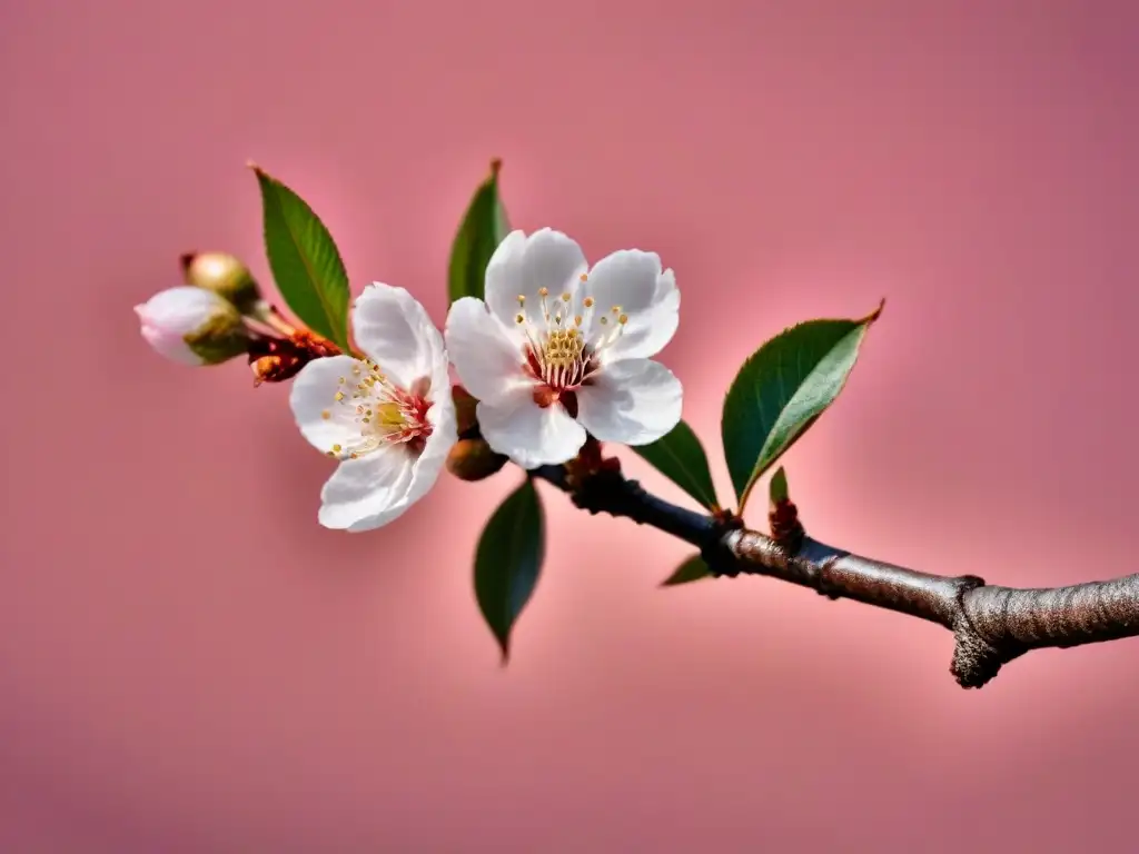 Una rama de cerezo en flor sobre fondo rosa pastel, simbolizando la belleza y serenidad del Zen en la poesía