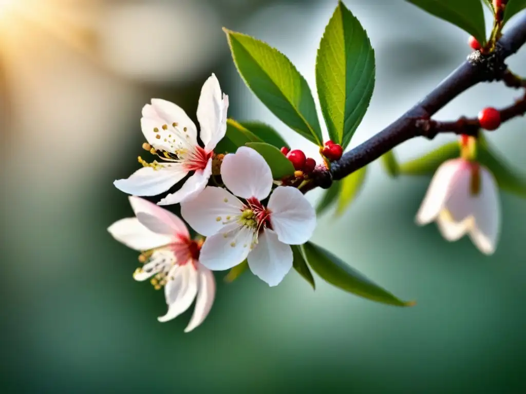 Rama de cerezo en flor con luz solar filtrándose entre los pétalos, resaltando la belleza natural en una composición minimalista