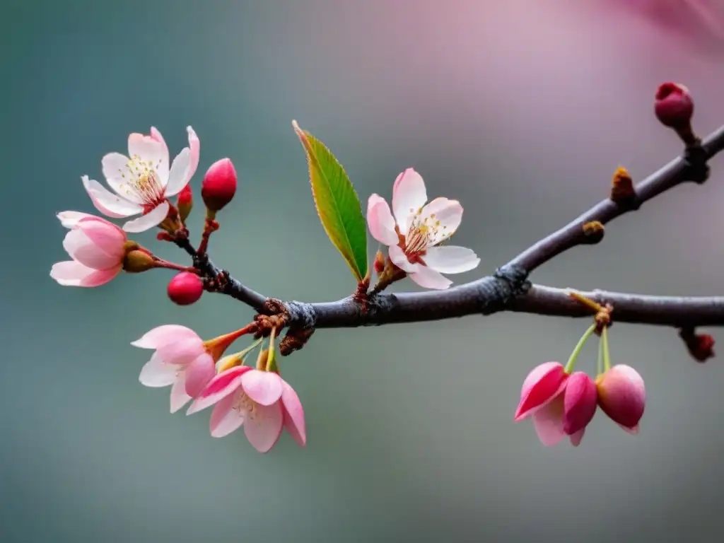Rama de cerezo en flor: mitad vibrante y mitad marchita, simbolizando la dualidad en poesía japonesa