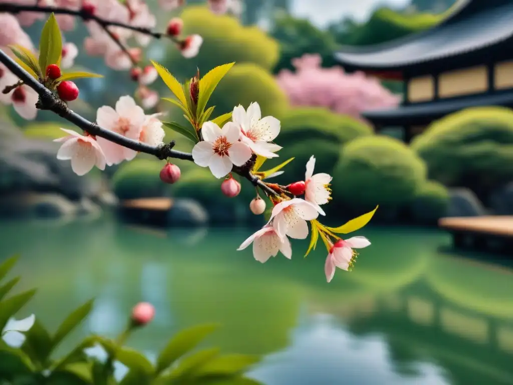 Rama de cerezo en flor en un jardín japonés tradicional, inspirado en haikus clásicos japoneses poesía moderna