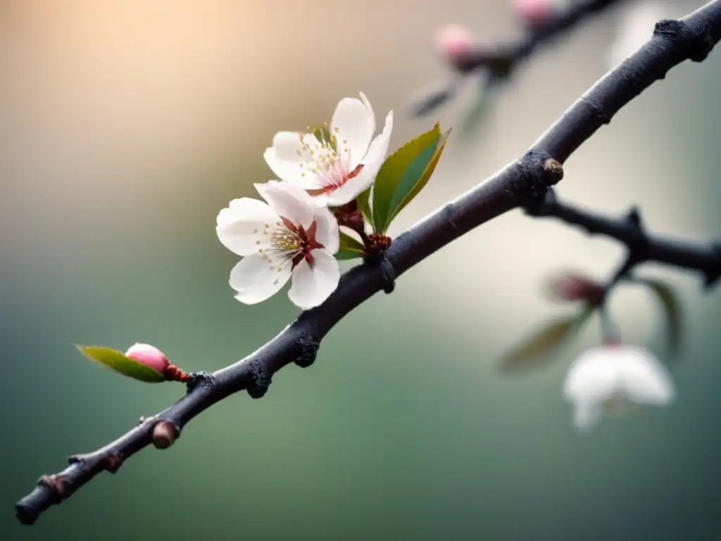 Rama de cerezo con haiku japonés en caligrafía sobre pétalos, influencia de poesía japonesa contemporánea