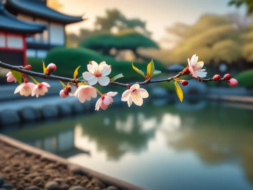 rama de cerezo en un jardín japonés con pétalo cayendo al estanque al atardecer, inspirado en haikus clásicos japoneses poesía moderna