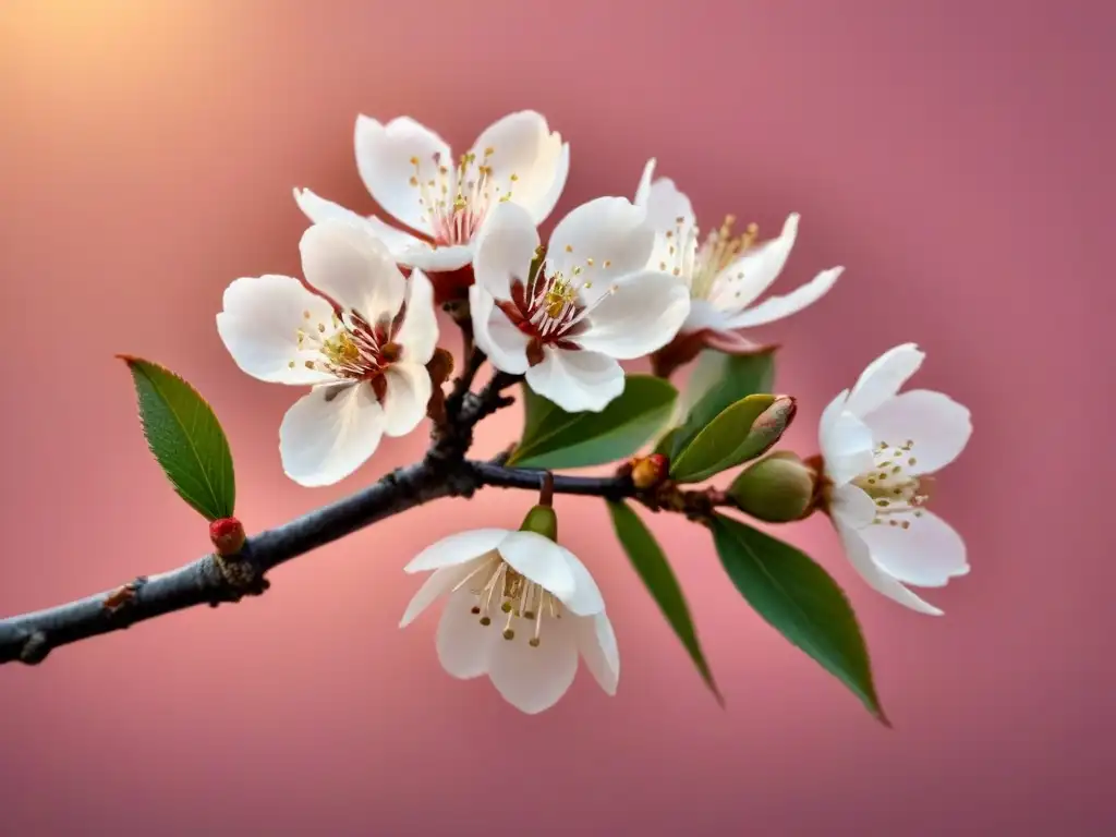 Una rama delicada de cerezo en flor sobre fondo rosa pastel, transmite elegancia y tranquilidad, reflejando la dinámica del cinquain en poesía