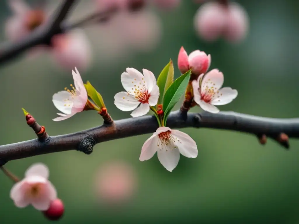 Rama delicada de cerezo en un jardín japonés sereno, poesía amorosa traducida con delicadeza