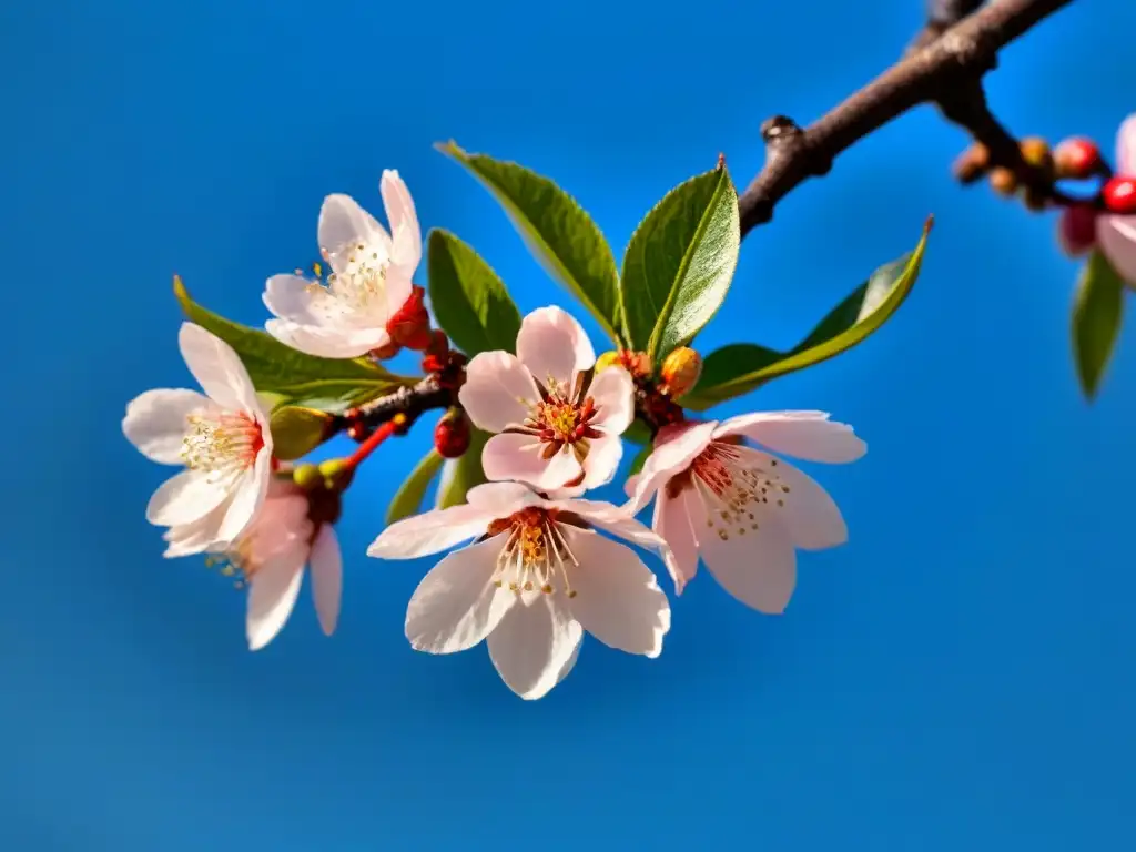 Rama solitaria de cerezo en flor rosa contra cielo azul, reflejando la belleza de la naturaleza en haikus modernos tradición japonesa