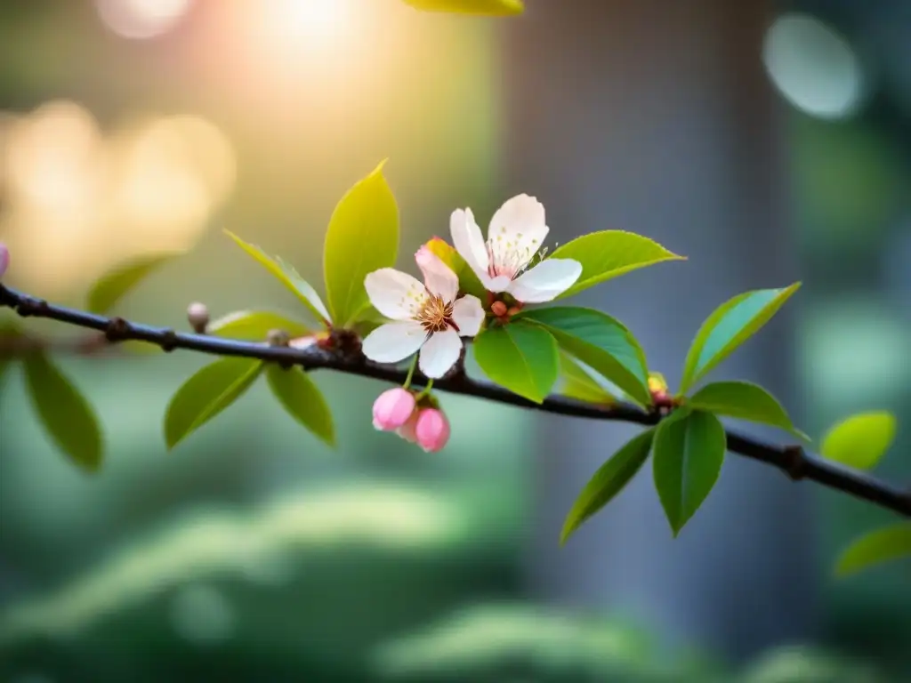 Ramas de cerezo en suave enfoque en un jardín japonés tranquilo y soleado, evocando poesía y amor con delicadeza