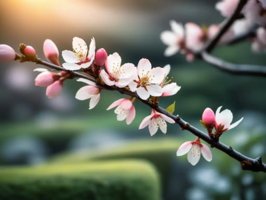 Ramas delicadas de cerezo en flor sobre un jardín japonés tranquilo