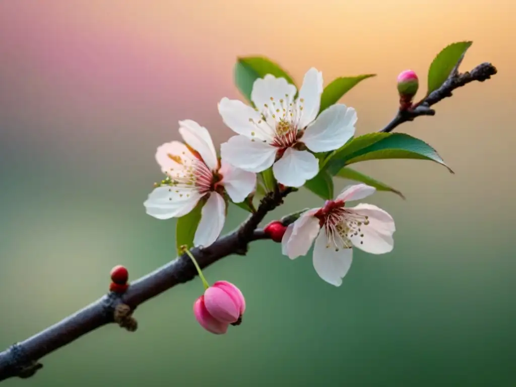 Un ramo de flores de cerezo en un cielo pastel, simbolizando el renacimiento en la poesía primaveral