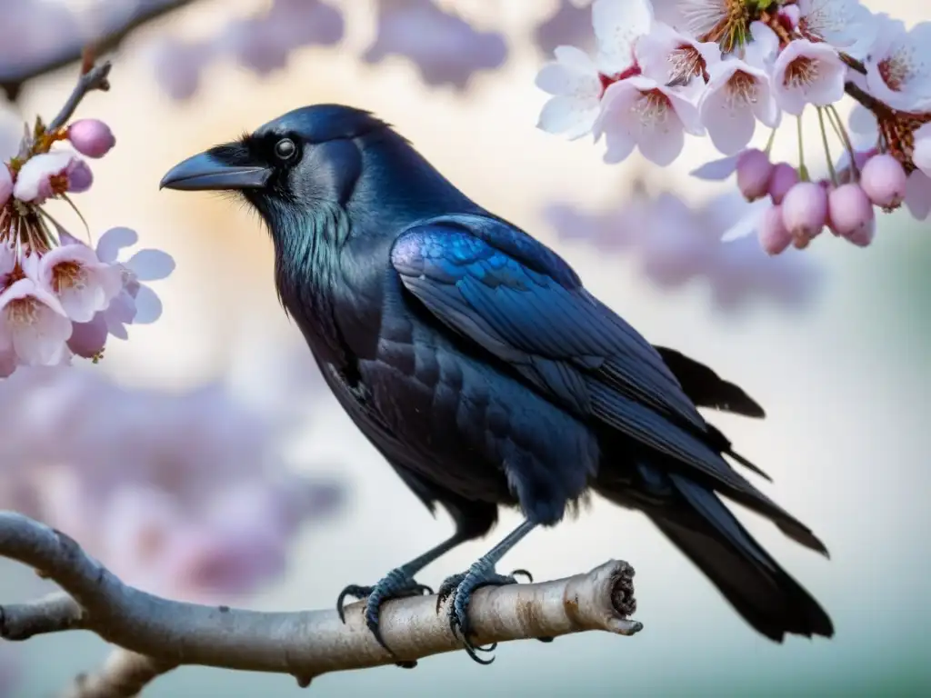 Raven con plumaje iridiscente sobre rama de cerezo en flor