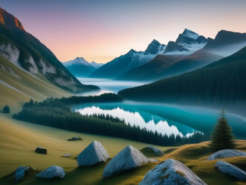 Rayos del amanecer iluminan picos nevados y un lago alpino, en armonía natural