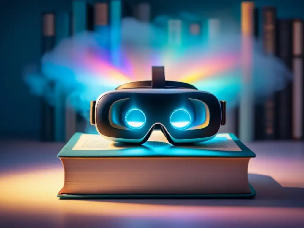 Realidad virtual y poesía: fusión futurista Realidad Aumentada en Poesía: Un headset de VR moderno sobre un libro de poesía vintage, con un poema holográfico etéreo