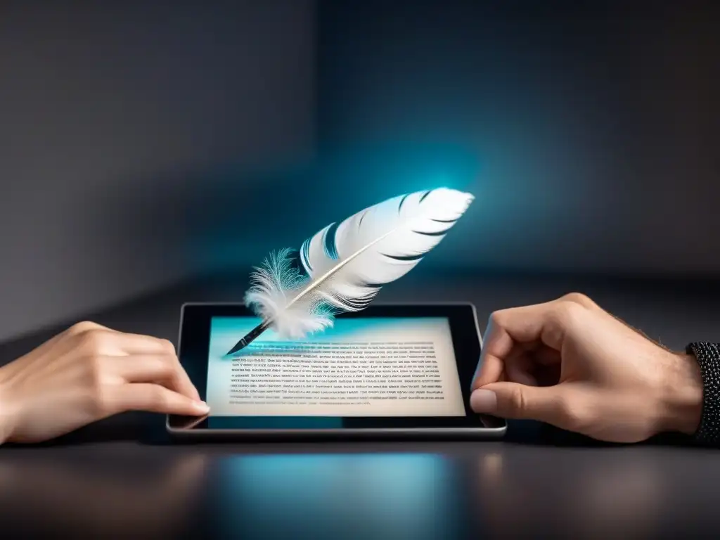 Realidad aumentada en poesía: Pluma clásica y tablet muestran poema etéreo en contraste