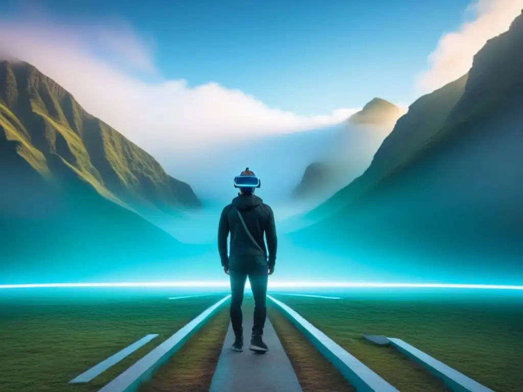 Realidad virtual: figura con auriculares y poesía en paisaje futurista Figura en Realidad Aumentada en Poesía, rodeada de líneas y formas abstractas en paisaje futurista sereno