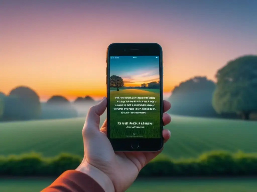 Realidad aumentada en poesía: Verso poético flotando en un parque sereno al atardecer, fusionando tecnología y naturaleza