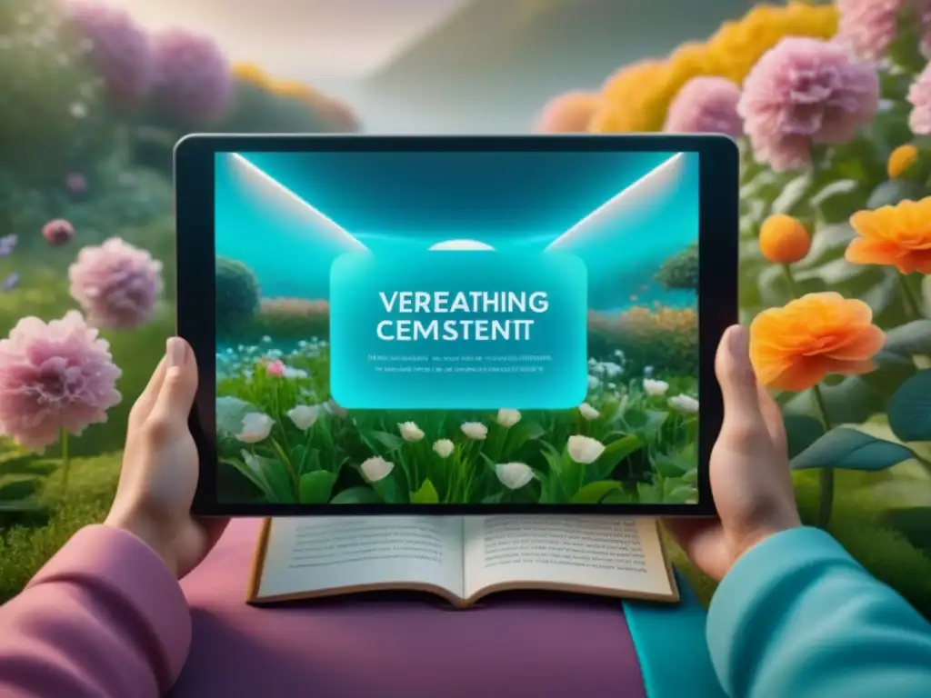 Realidad Virtual Poética en Jardín Sereno Un jardín de Realidad Aumentada en Poesía: tablet con versos interactivos en un entorno vibrante y sereno