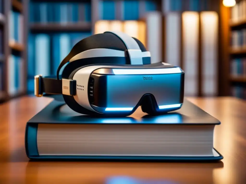 Realidad virtual y poesía lírica se fusionan en una composición artística, donde lo antiguo encuentra lo moderno en una biblioteca cálida y difuminada