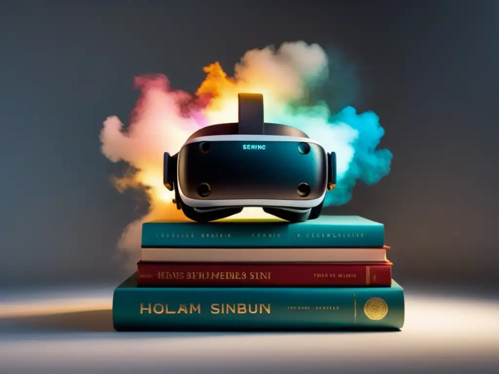 Realidad virtual en poesía: Headset sobre libros con poema holográfico, fusión futurista de tecnología y versos