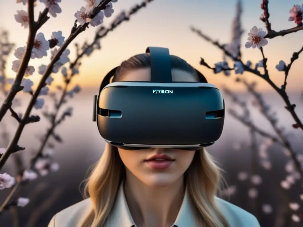 Realidad virtual en poesía: fusión de tecnología y verso en una imagen detallada de auriculares VR y ramas poéticas en flor