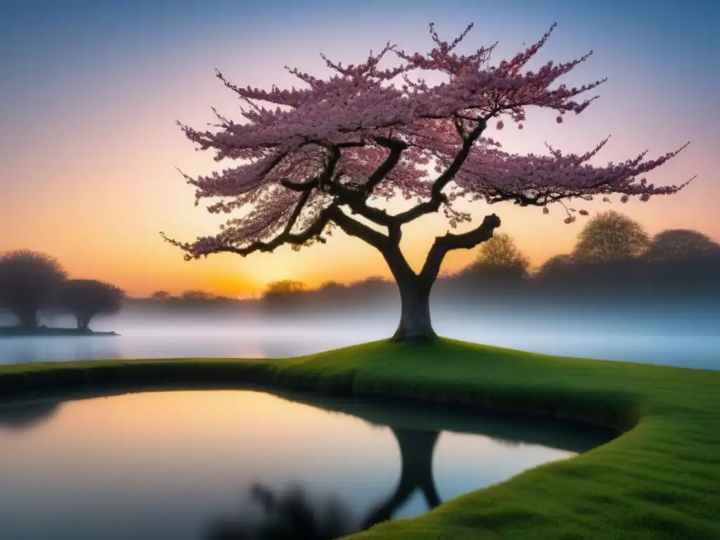 Reflejo del atardecer en estanque con cerezo solitario, poesía transformadora y filosofía espiritual