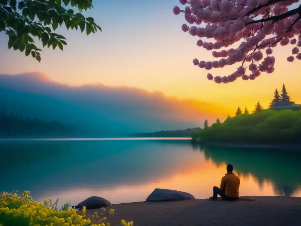 Reflejo del atardecer en lago sereno, figura sola disfrutando del poder sanador de la poesía entre flores y brisa suave