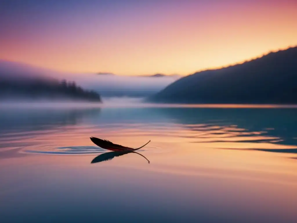 Reflejo del atardecer en lago sereno, pluma flotando