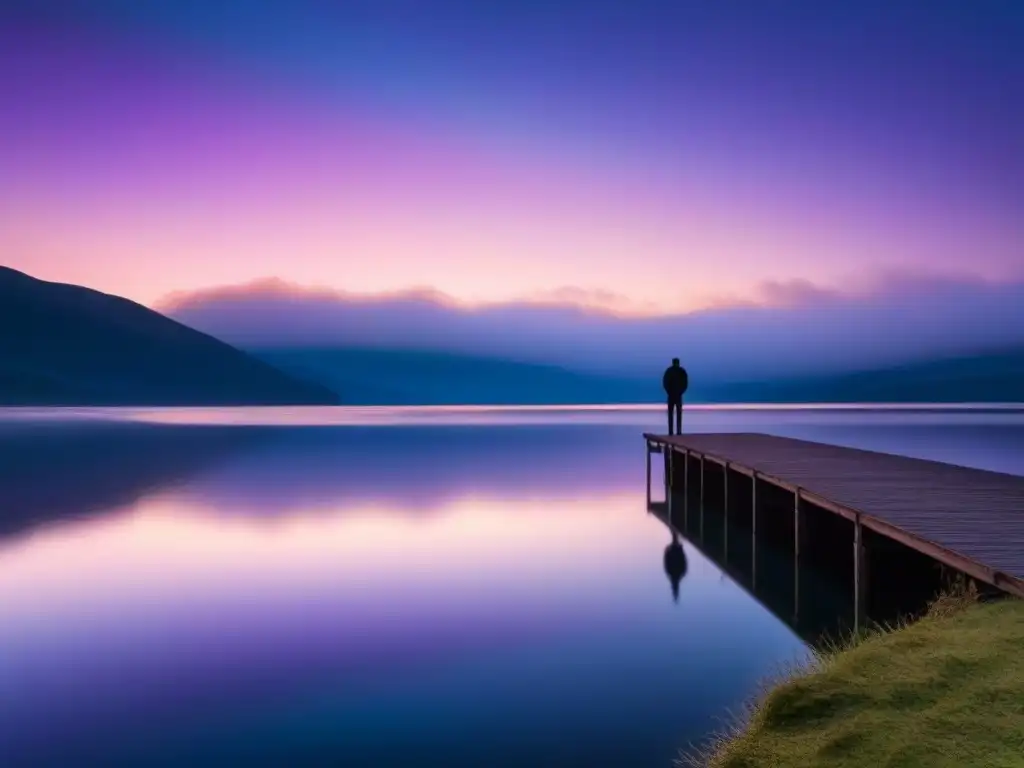 Reflejo al atardecer en lago sereno: figura solitaria se transforma a través de la poesía