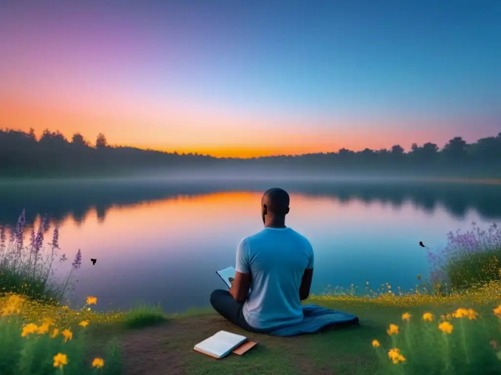Puesta de sol inspiradora en lago sereno: poesía y naturaleza Reflejo de un atardecer vibrante en un lago sereno, donde alguien escribe poesía entre flores y mariposas