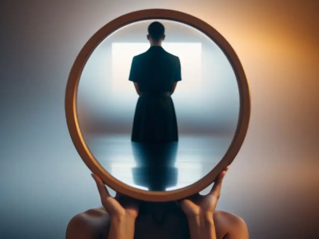 Reflejo de identidad a través de versos en un espejo minimalista con silueta abstracta
