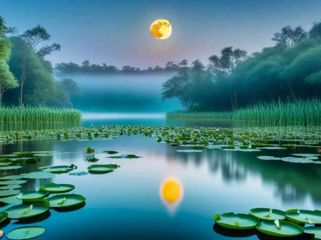 Reflejo de la luna llena en un lago sereno, rodeado de vegetación y lirios acuáticos