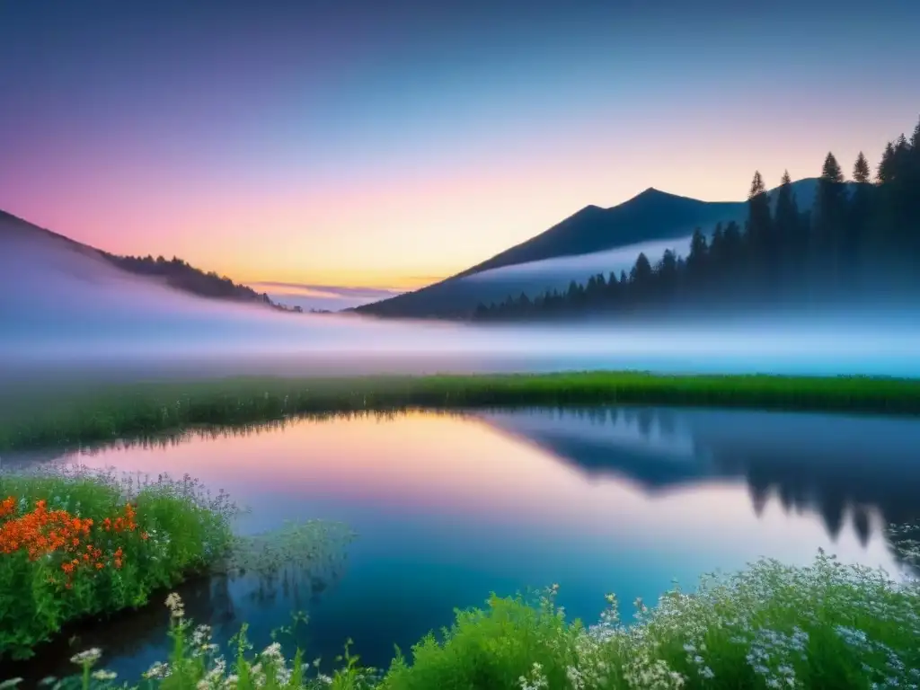 Reflejo de la naturaleza como espejo del alma y la poesía en un lago sereno al atardecer