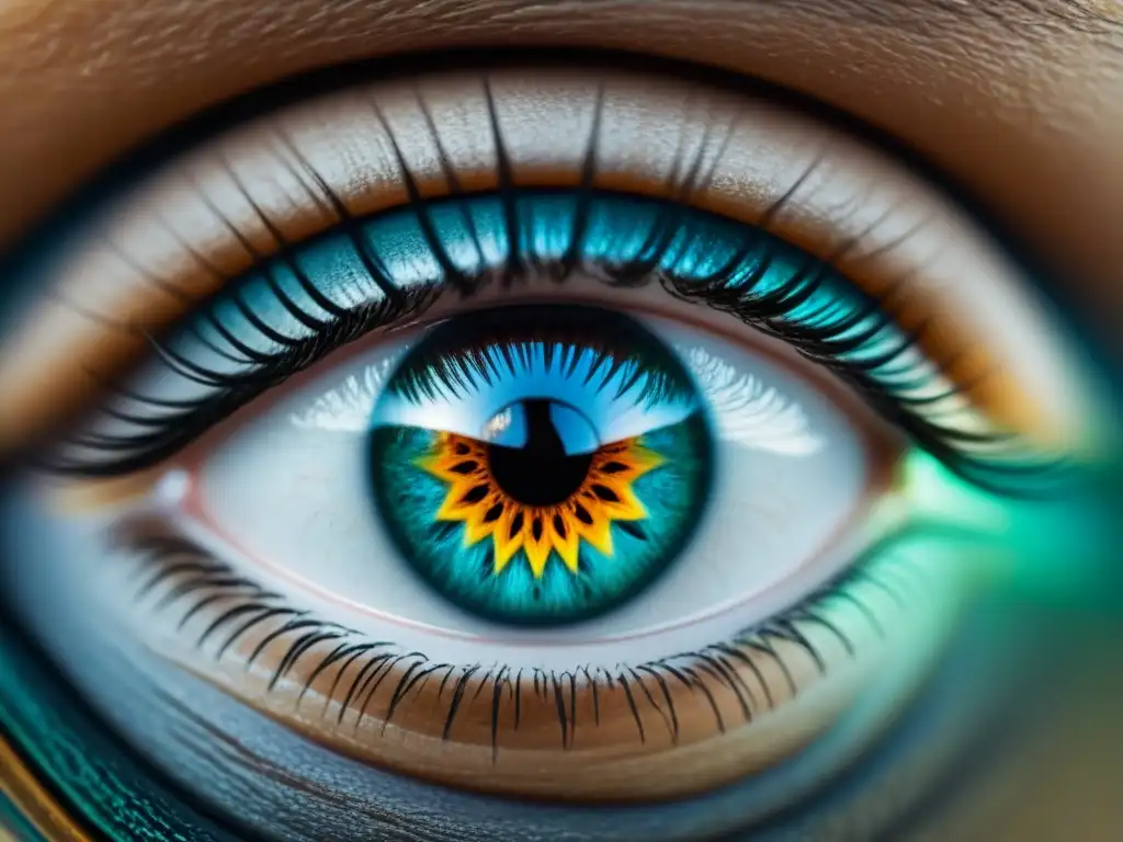 Ojo humano reflejando un caleidoscopio vibrante Reflejo de un ojo humano en un caleidoscopio, poesía visual transforma percepción realidad