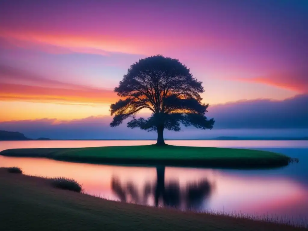 Reflejo poético del alma: lago tranquilo, cielo atardecer vibrante y árbol solitario en el horizonte