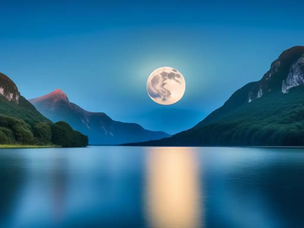 Reflejo poético de la Luna sobre lago sereno en la medianoche