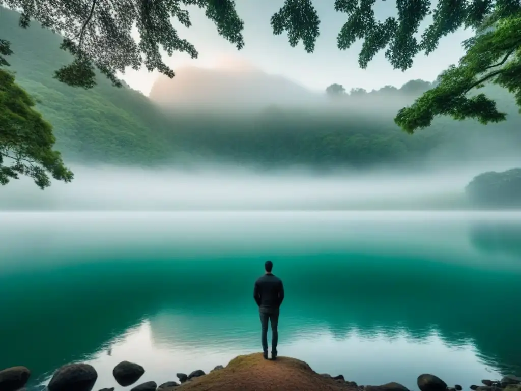 Reflejo de serenidad y el poder transformador de la poesía: figura solitaria junto al lago y altos árboles