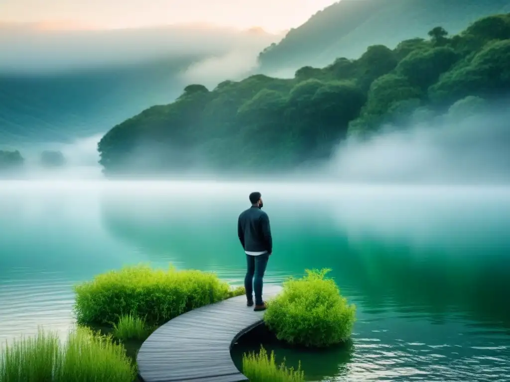 Reflejo sereno de una figura solitaria junto al lago, rodeada de exuberante vegetación