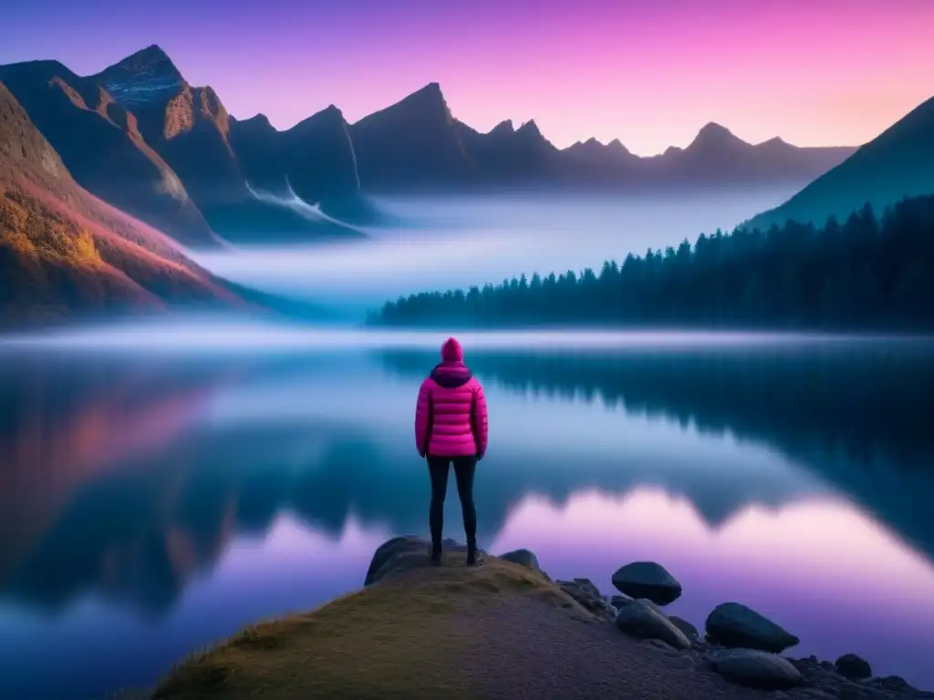 Reflejo sereno en lago al atardecer, montañas y cielo rosa