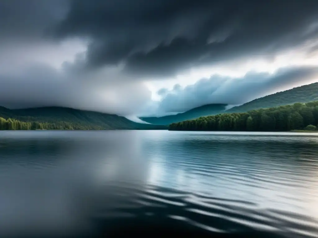 Reflejo sereno de un lago ante un cielo tormentoso, contraste en la poesía lírica