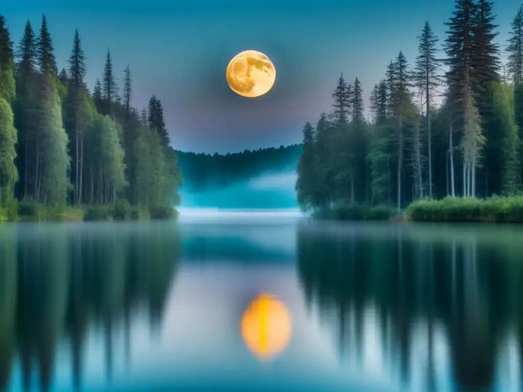 Reflejo sereno de la luna llena en un lago, rodeado de árboles altos