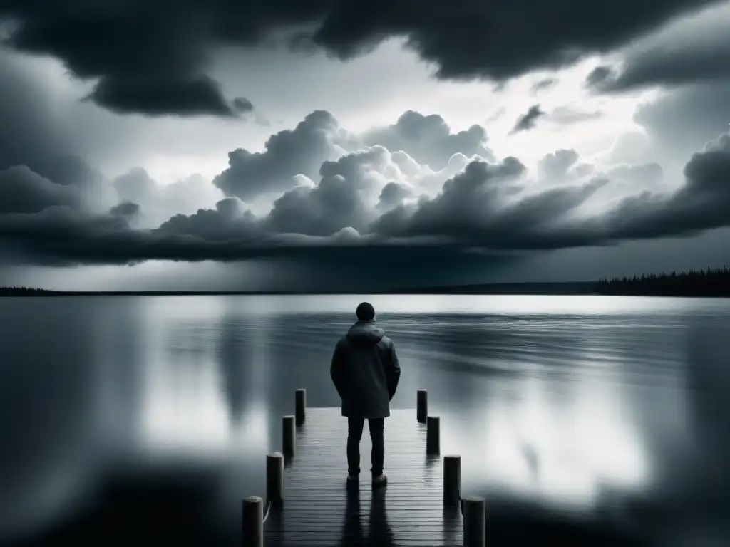 Reflejo de tormentas internas en un lago sereno bajo nubes turbulentas