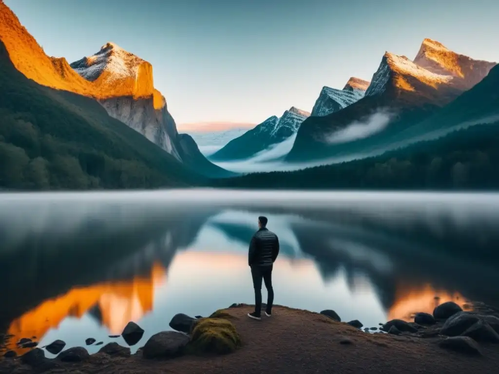 Reflejo de transformación a través de la poesía: persona contemplativa frente al espejo, conectada con paisaje surrealista en blanco y negro