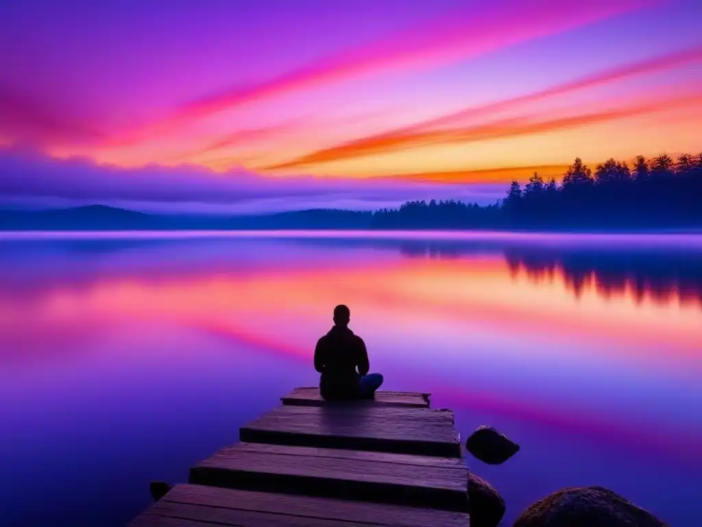 Reflejos del atardecer en lago sereno, con figura meditando